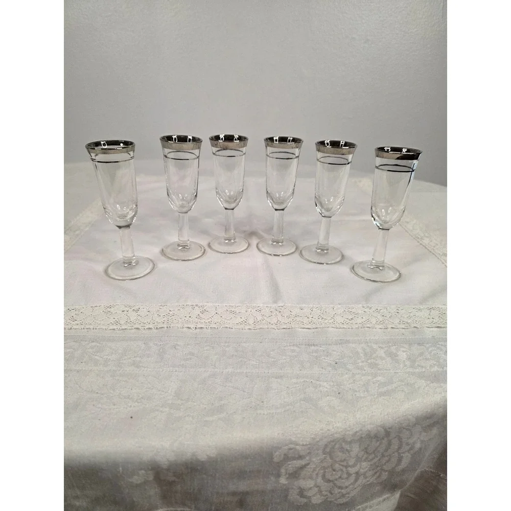 Vintage Silver Rim Cordial Liqueur Glasses Set of 6 Mid Century Stemware Clear